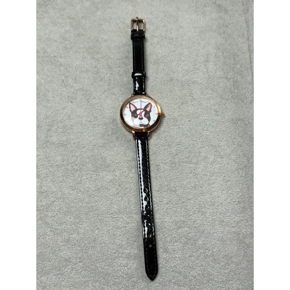 Betsey Johnson French Bulldog Frenchie Watch Gold Tone New Battery Works Black - Picture 4 of 7